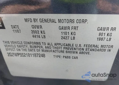 2008 Pontiac Grand Prix z USA, uszkodzony, nr VIN 2G2WP552181187248